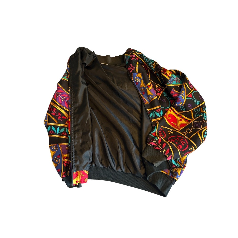 Vintage 80s Silk Satin Bomber Jacket | Abstract Baroque Print | OSFM - Picture 6 of 12